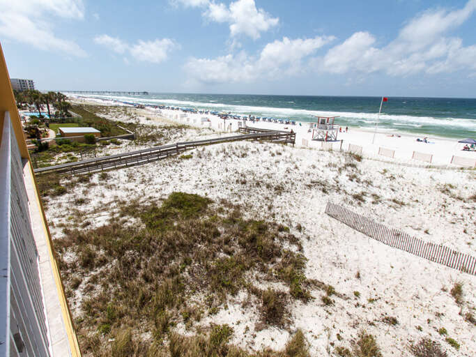 No obstructions just sugar white sand and the Gulf of Mexico