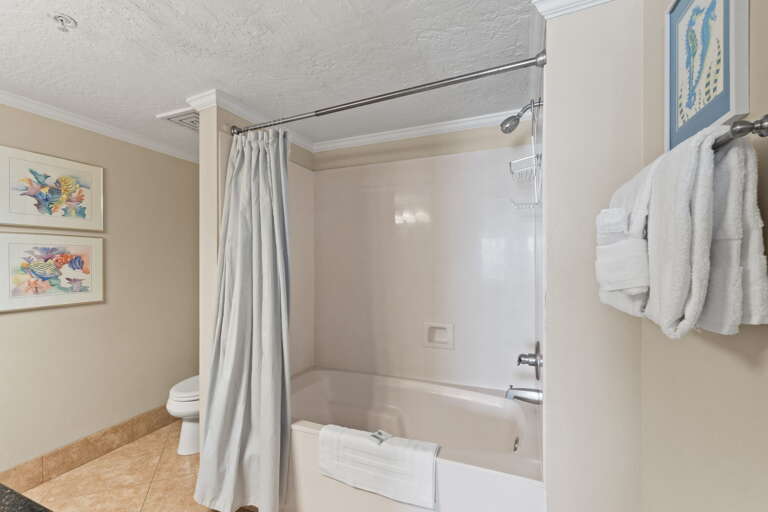 A spacious master bath featuring a shower/tub combo.