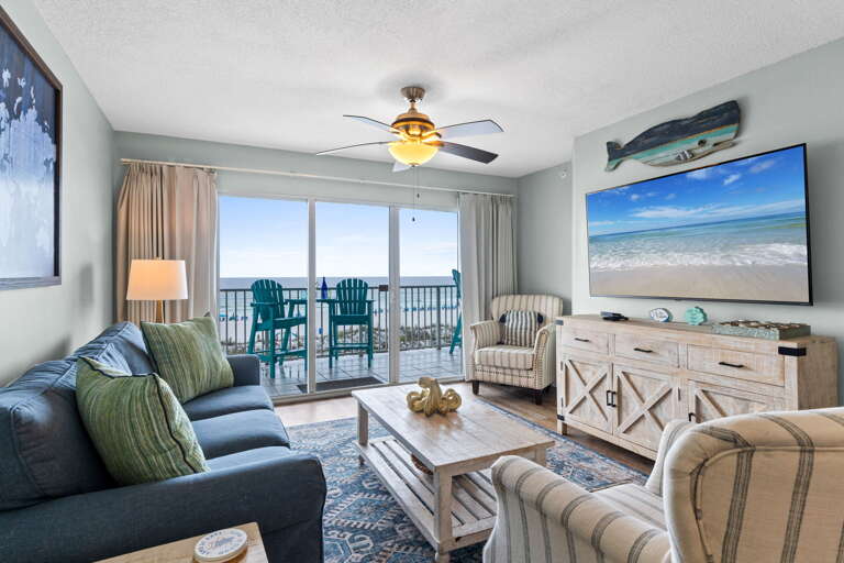 Watch a movie in this beautifully decorated living room with a view. 