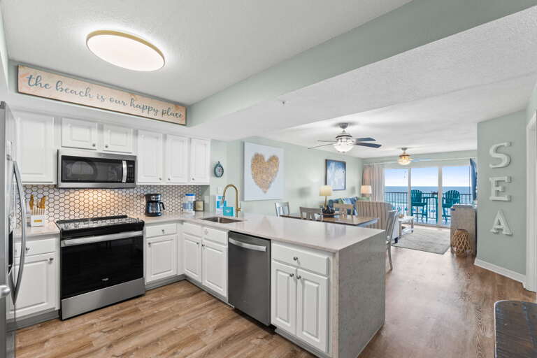 Fully equipped kitchen with great counter tops, lots of space, storage and all major appliances!