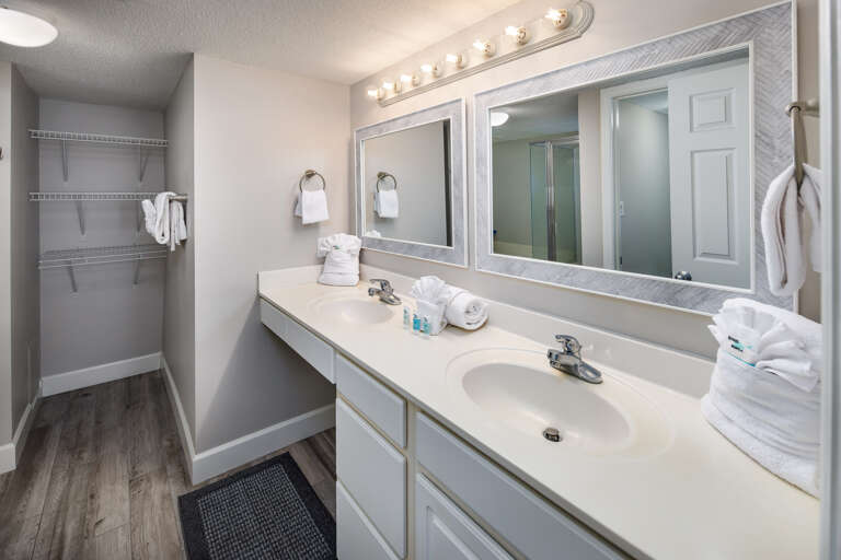 With a large mirror and double vanity; perfect for getting ready for a night out!