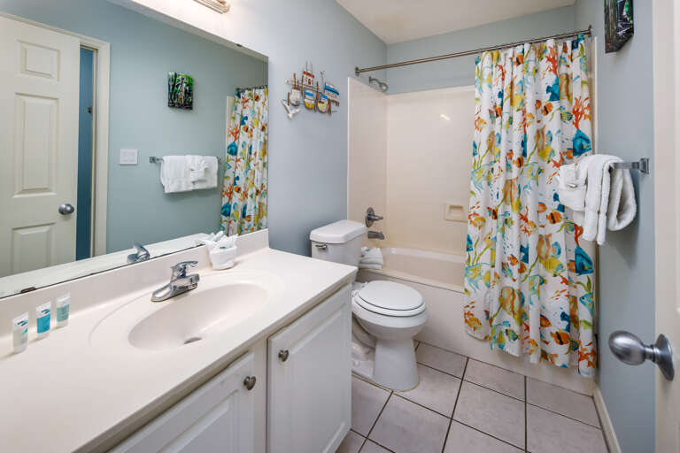 Accessible from the hallway and guest bedroom, the second full bath also has a step in shower.