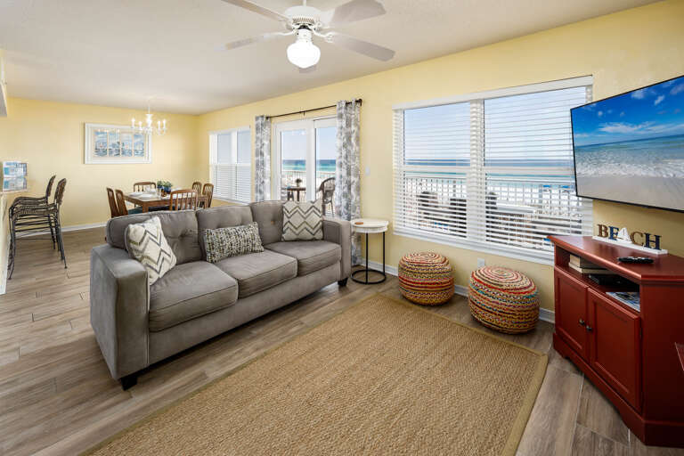 A great gathering place which features a pull-out sofa and large flat-screen TV.