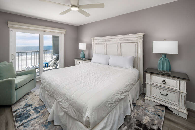 Large balcony doors really let the sights and sounds of the Gulf encompass all of this master
bedroom. Large balcony doors really let the sights and sounds of the Gulf encompass all of this master
bedroom.
