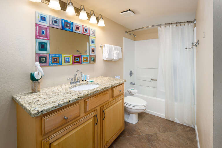 There is a tub/shower combo with lots of counter space