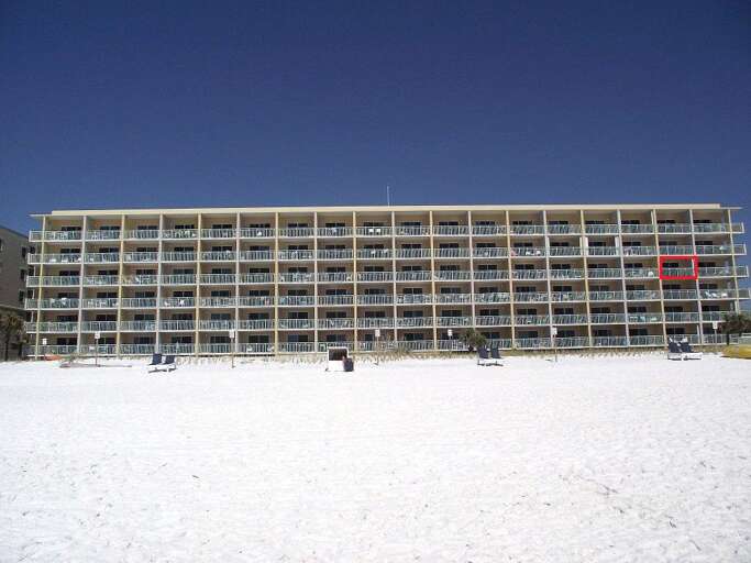 Designates the balcony of 402 as seen from the beach/shoreline. Unit is perfectly located towards the end of the building affording more quiet time for those looking to relax!