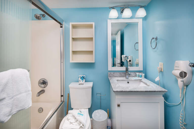 The master bathroom has a shower/tub combo and a mounted hair dryer.
