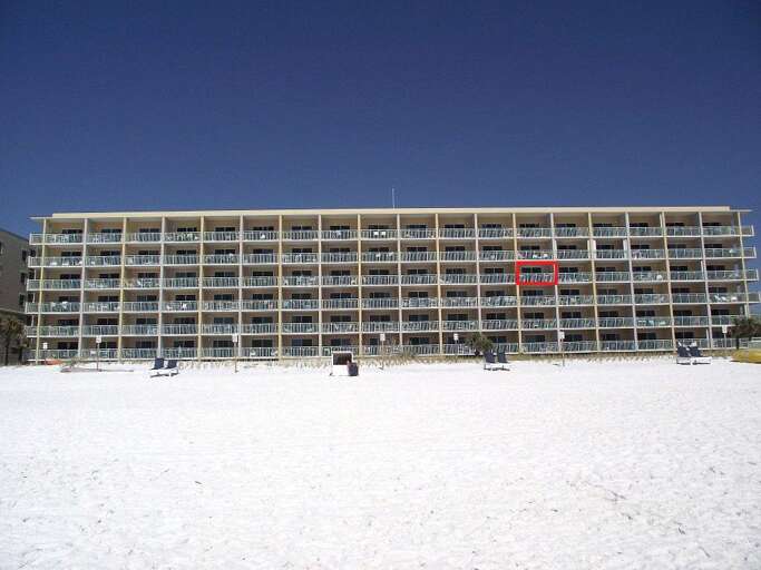 View of the location of the condo in the building as seen from the shore of the Gulf.