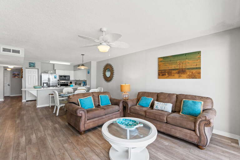 Soothing coastal tones create the ultimate family room.  Comfortable Sofa (with sleeper) and loveseat