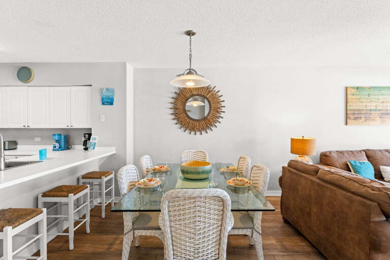 Seating for 6, with additional seating at the kitchen island.