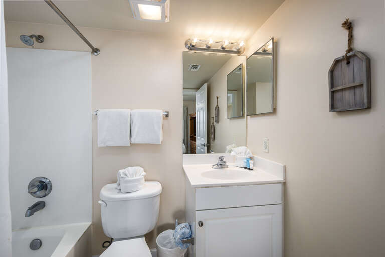 This bathroom has the tub / shower combo plus two mirrors.