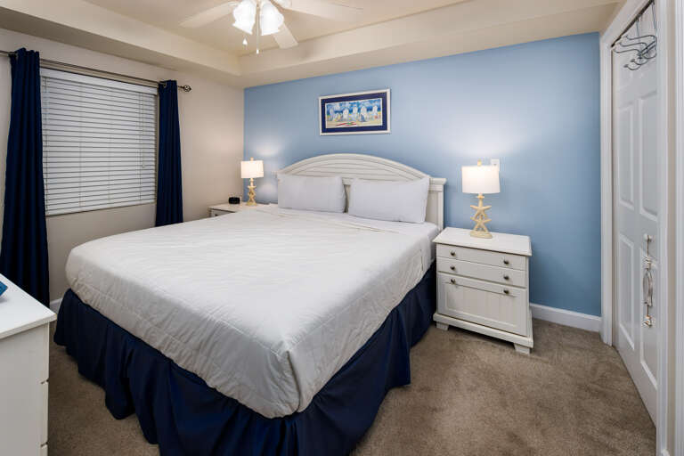 The king-sized bed adds to the overall feeling of comfort and relaxation in the master bedroom. The king-sized bed adds to the overall feeling of comfort and relaxation in the master bedroom.
