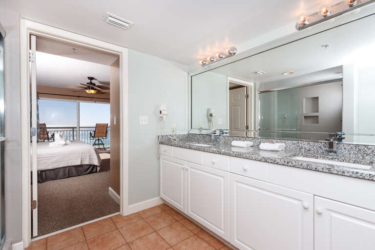 Walk-in shower and double vanity.