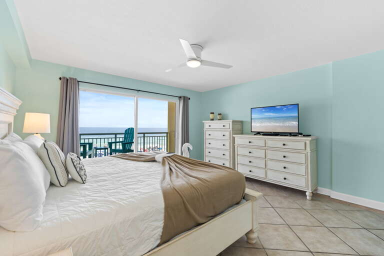Master Bedroom offers flat screen tv for your entertainment and ample storage space 