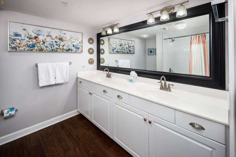 Master bath boasts double sinks and a tub/shower combo.