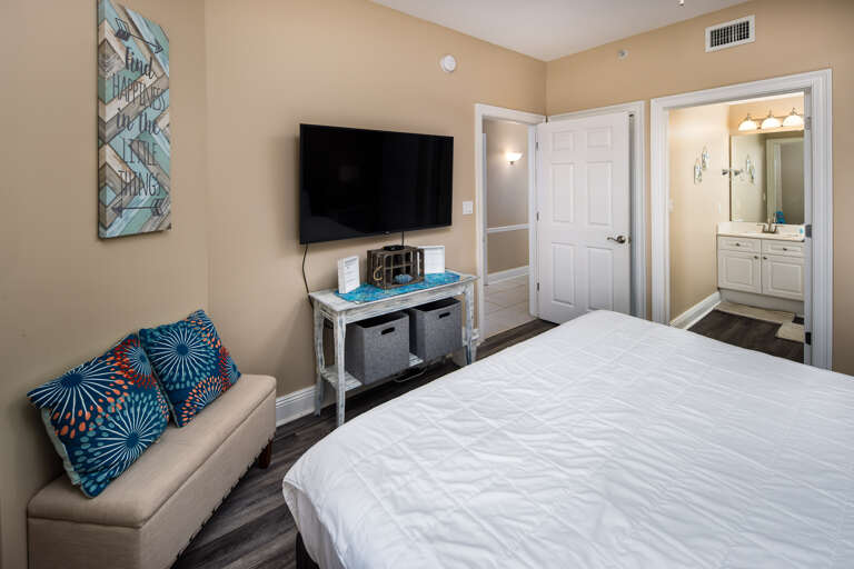 Contains a huge flat screen TV with a private bathroom to the side 