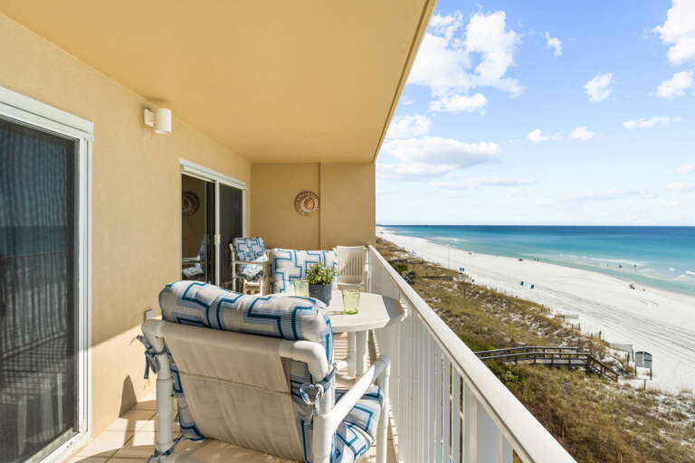 The extra long balcony is spacious enough to offer both dining and lounging areas