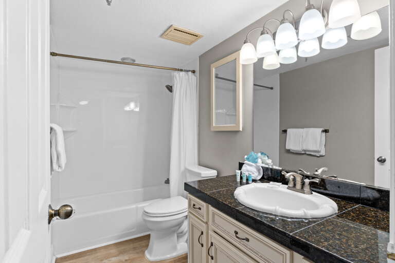 The guest bathroom features a shower/tub combo.