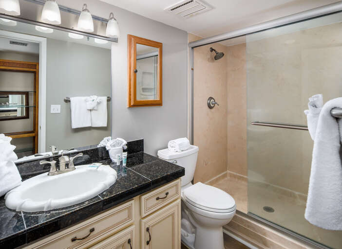 Walk-in shower with sliding glass door for extra convenience