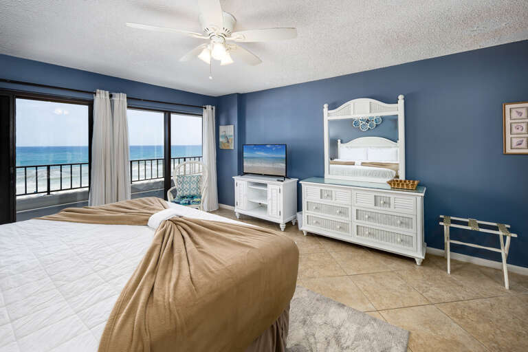 Not all condos are setup this way, it's a huge perk to have the master bedroom actually on the south side of the condo with the direct balcony access. Being both tiled AND Gulf front...this master bedroom has all you want in your vacation home.