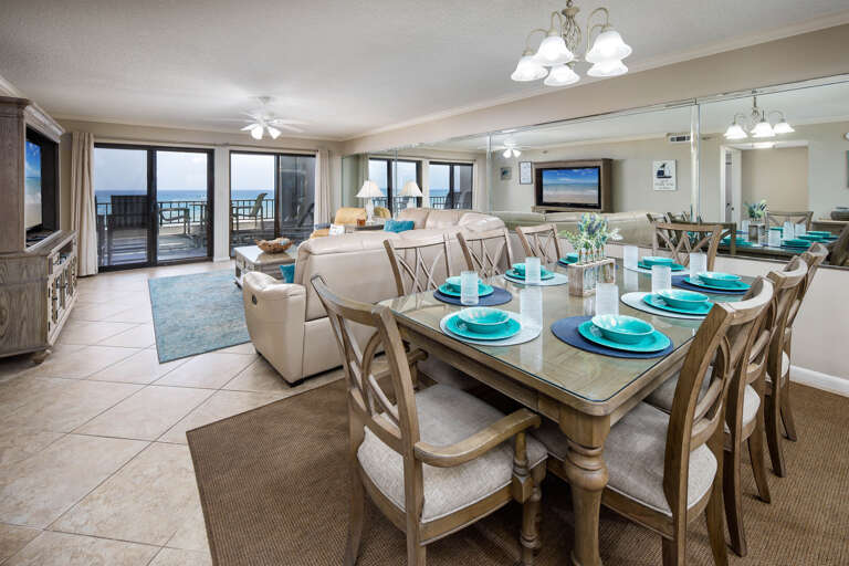 Seating for 8 at the dining table.