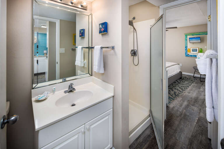 Contains a walk in shower 