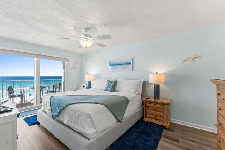 Large balcony doors let the sights and sounds of the Gulf encompass the master
bedroom.