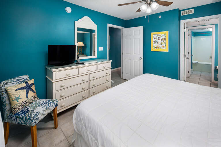 Primary bedroom with a flat screen television and access to the bathroom Primary bedroom with a flat screen television and access to the bathroom