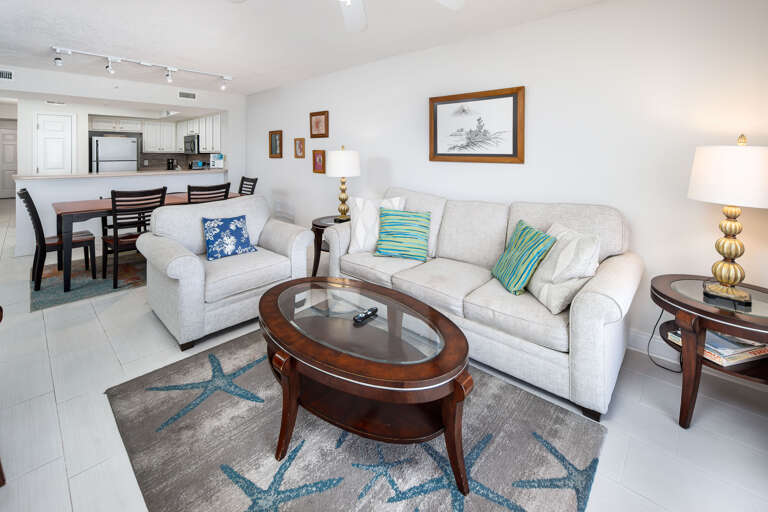 Coastal colors make this space the perfect place to relax in the evening after a day at the beach.