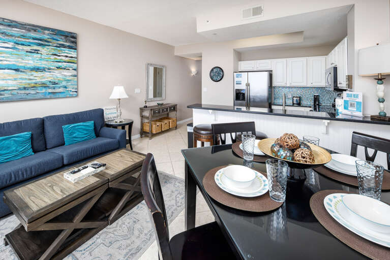 Open concept with the kitchen, dining and living room.