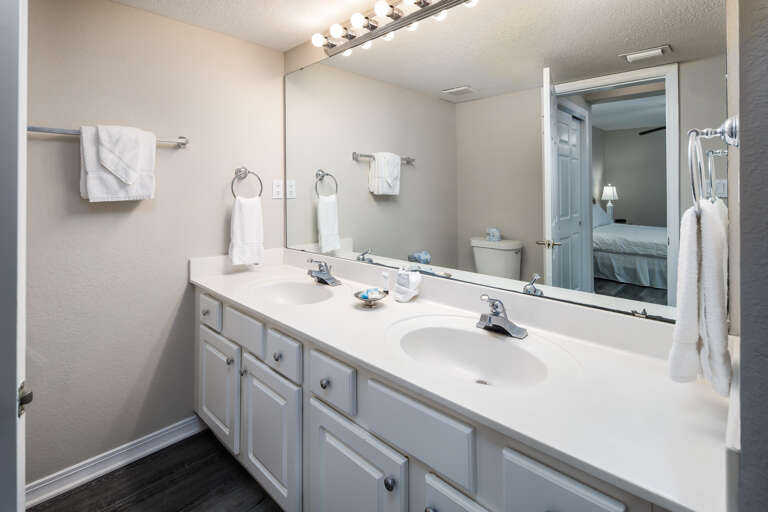 Double vanity has plenty of counter space and storage Double vanity has plenty of counter space and storage