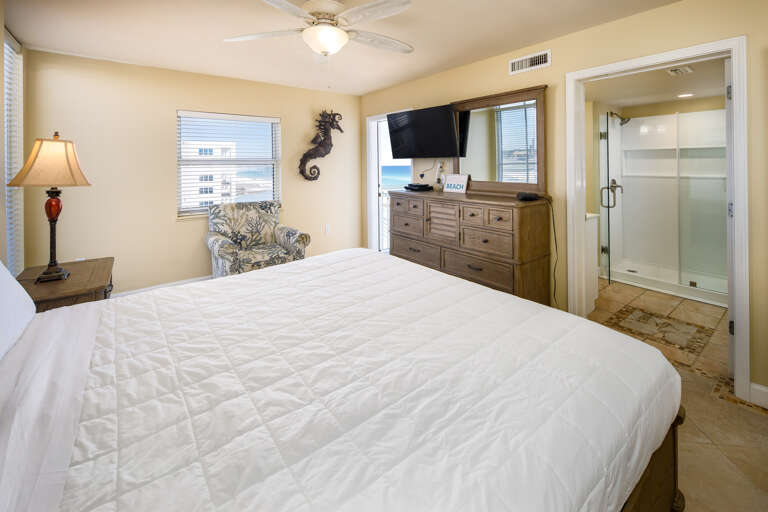 Comfy king bed, lots of space, and direct access to private balcony that affords extra views