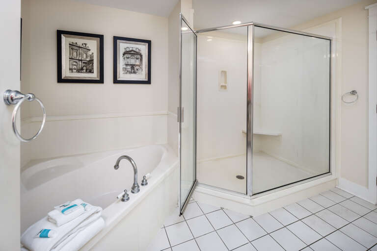 Contains both a large soaking tub and walk in shower 
