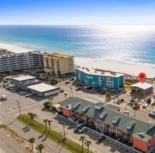 See the red pin?  Exact location, short walk to the Gulf waters.