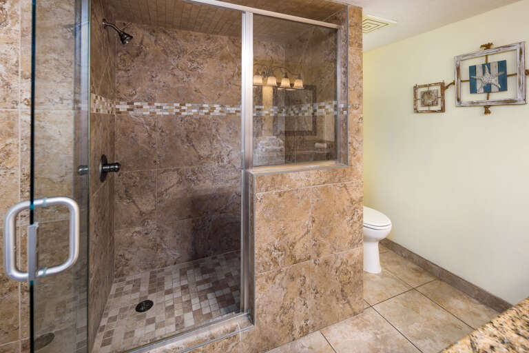 Lots of room in this updated shower.  Lots of room in this updated shower.