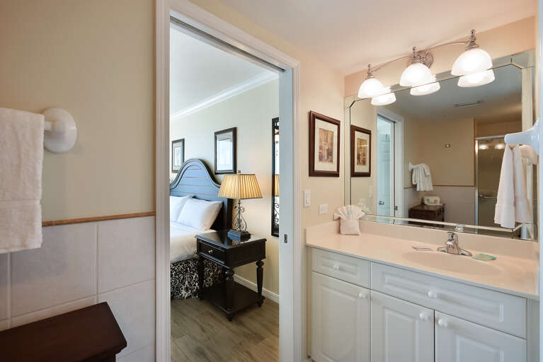 Lots of counter space for all your necessities.  Check out that lighting & huge mirror!  