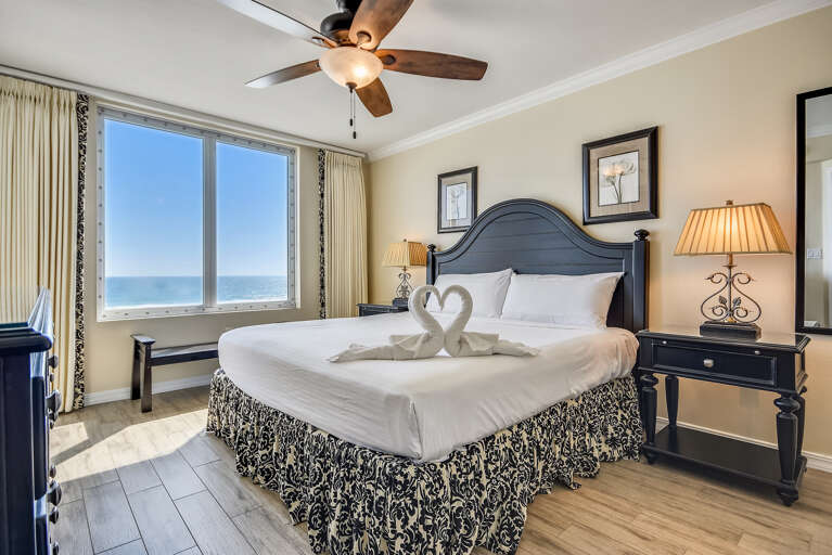 Enjoy a great nights sleep in this king size bed!  Can you imagine waking up to this view?