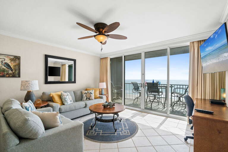 Oceanfront living room with comfy furniture 
