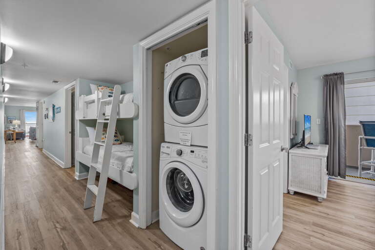 Offers a full-sized washer and dryer for your convenience.