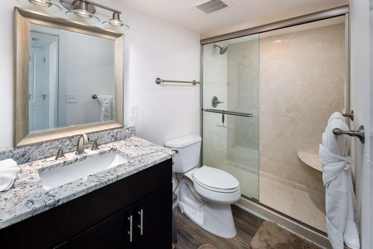 Master bathroom with a walk in shower.