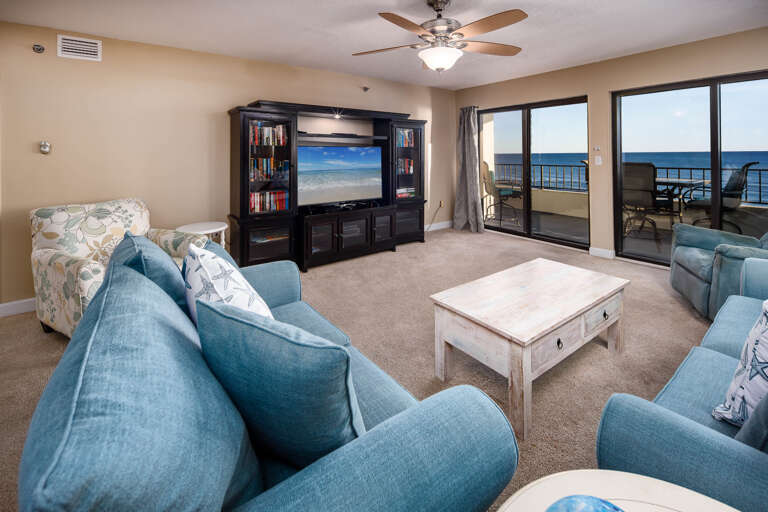 Comfort for all in the family room. The square footage of the Surf Dweller condos provides a massive balcony with TWO separate entrances.