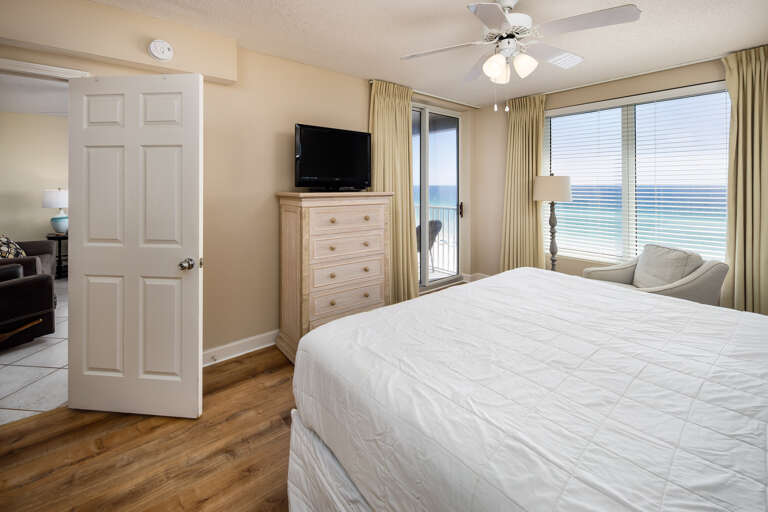 The mast bedroom overlooks the emerald waters
