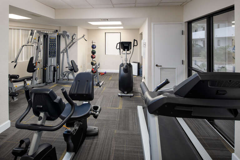 Keep up with your fitness routine while traveling with access to an on-site gym.