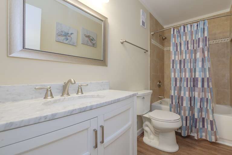 beautiful renovated guest bathroom with tiled shower and bathtub and marble countertops.   