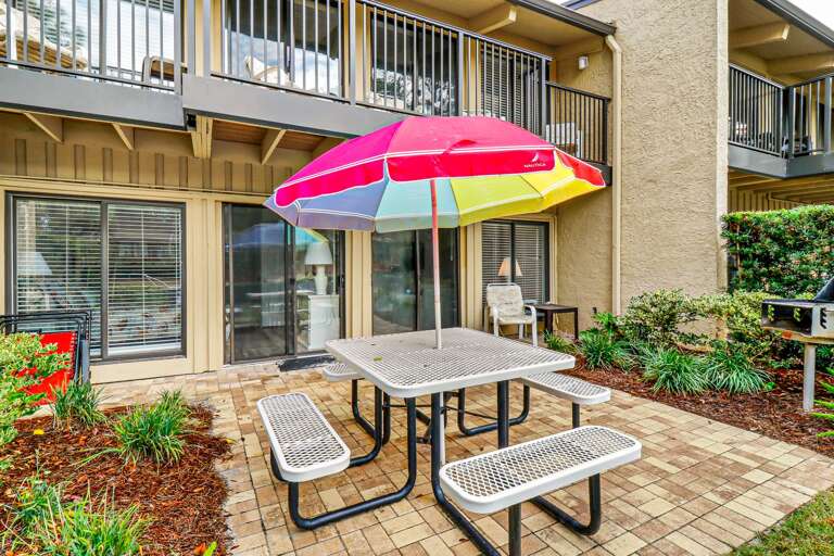 Beautiful umbrella table for outdoor gatherings!