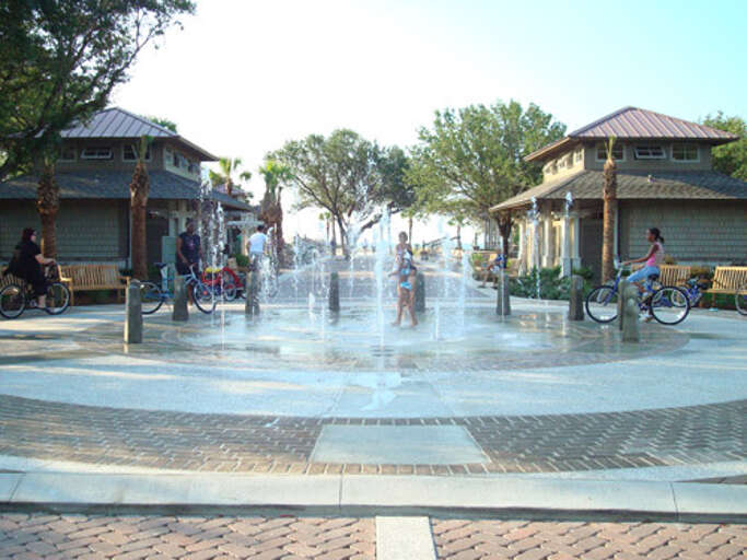 The Coligny Beach Park interactive fountain.  The oceanfront park has boardwalk access to the beach, benches and swings, and a cabana with restrooms and changing rooms for your convenience.