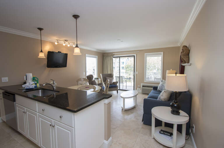 The newly renovated completely furnished Kitchen features all stainless steel appliances, beautiful granite counters . Dining table seats four. Living room offers comfy sofa bed, wall mounted smart flat screen T.V. and sliding door to balcony with amazing