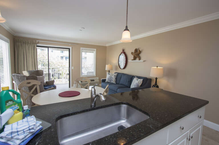 The newly renovated completely furnished Kitchen features all stainless steel appliances, beautiful granite counters . Dining table seats four. Living room offers comfy sofa bed, wall mounted smart flat screen T.V. and sliding door to balcony with amazing