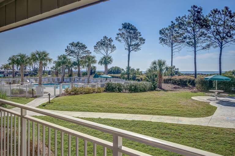 View from the balcony to the walkway to the oceanfront pool.