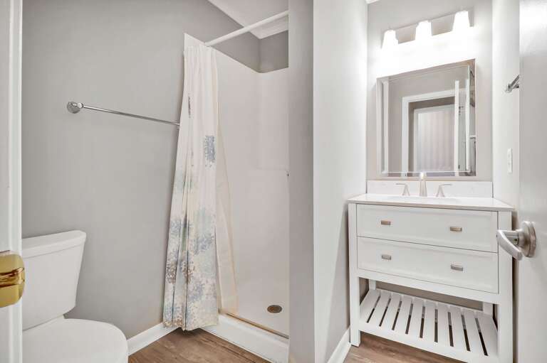 Walk-in shower in this renovated bathroom.. 